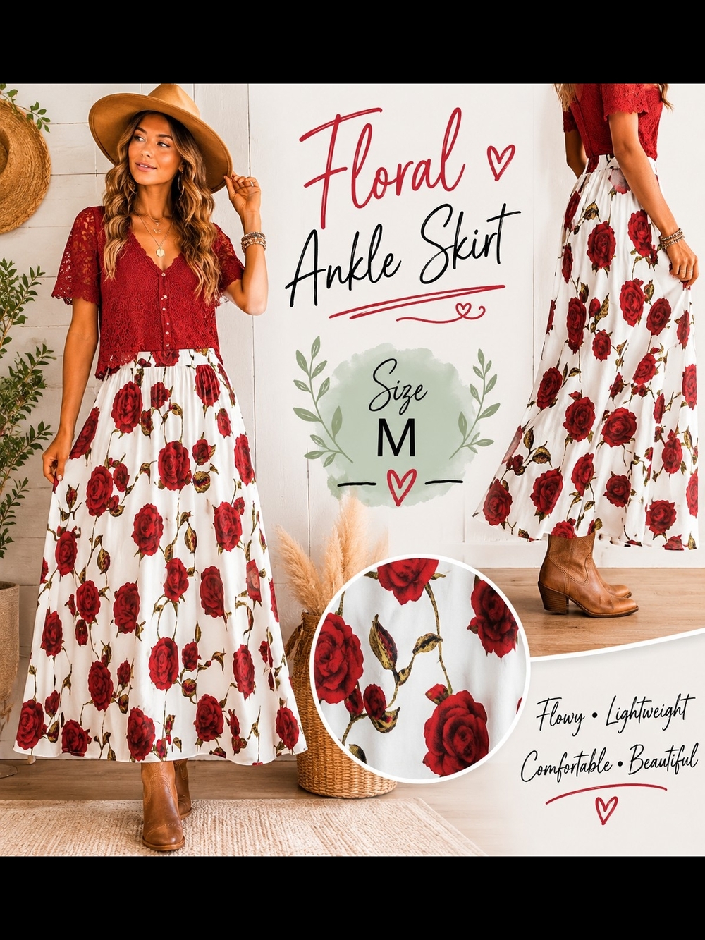 Polagram White Maxi Skirt with Red Rose Floral Print